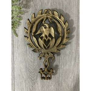 Vintage Cast Iron Trivet Eagle And Heart Americana Gold Tone Country Cottage